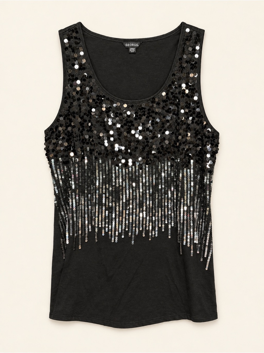 George Women's Black Sequin Fringe Tank Top - 2X
